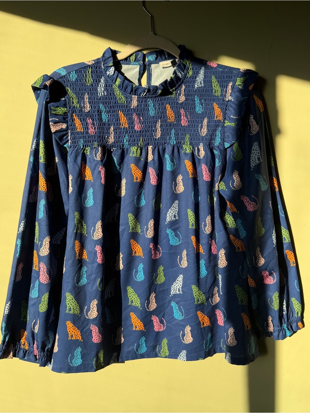 Michelle McDowell Navy Cat-Print Long-Sleeve Smocked Top